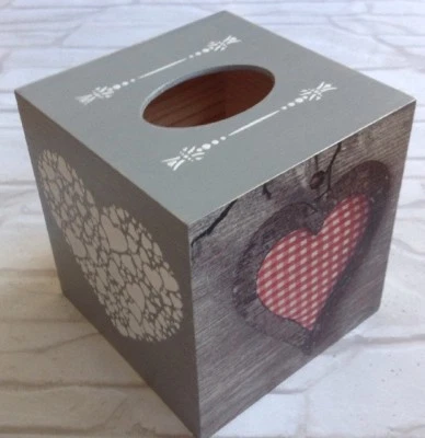Heart Tissue Square Box Cover Holder wooden handmade decoupaged - Image 1 of 3