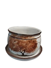 ART POTTERY PLANTER HAND PAINTED EARTHTONE COLOR BROWN TREE & BIRDS DRAINAGE