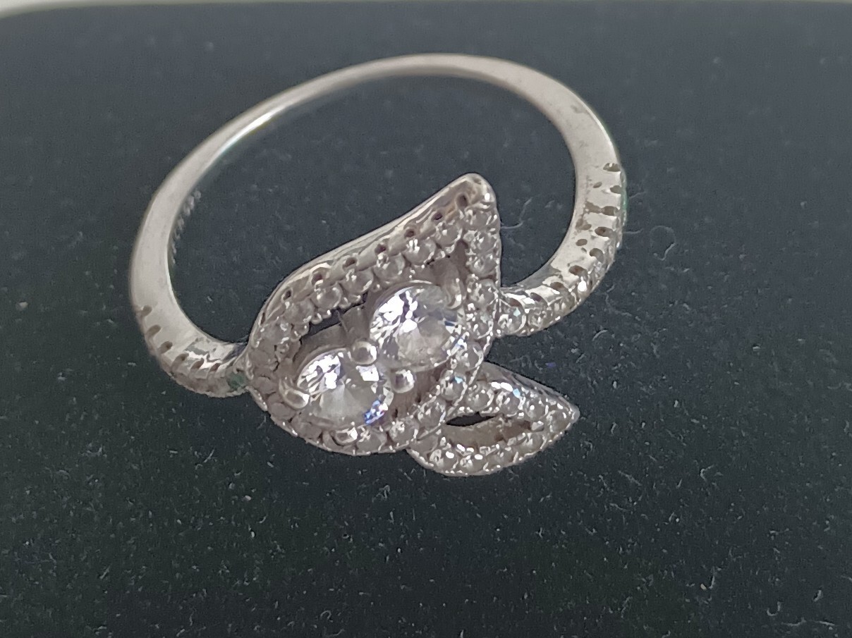 Delicate Silver Leaf Ring with Two Clear Stones, … - image 1