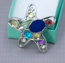 Silver Tone Blue Green Multi Rhinestone and Cabochon Star Starfish Brooch Pin