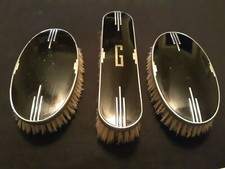 Vtg Art Deco 3 Piece Brush Set - Vanity / Dresser Brushes - Black Silver Tone
