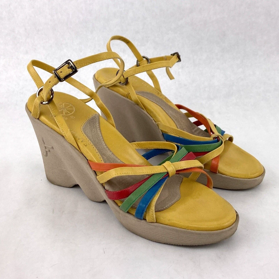 Vintage Famolare Shoes 6 Yellow 70s Hi-Up Leather Wavy Platform Strappy Wedge - Image 4 of 4