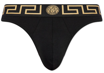 NWT Versace Greca Border Medusa Black Greek Key Logo Thong Underwear 6 US L $95
