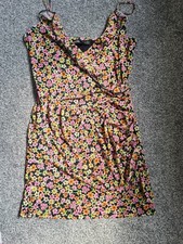 Bershka Strappy Floral Mini Dress Size L Frill V-Neck Multicolour Fully Lined