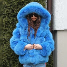 Women Real Fox Fur Coats Natural Blue Full Pelt Hood Jacket Winter Warm Overcoat