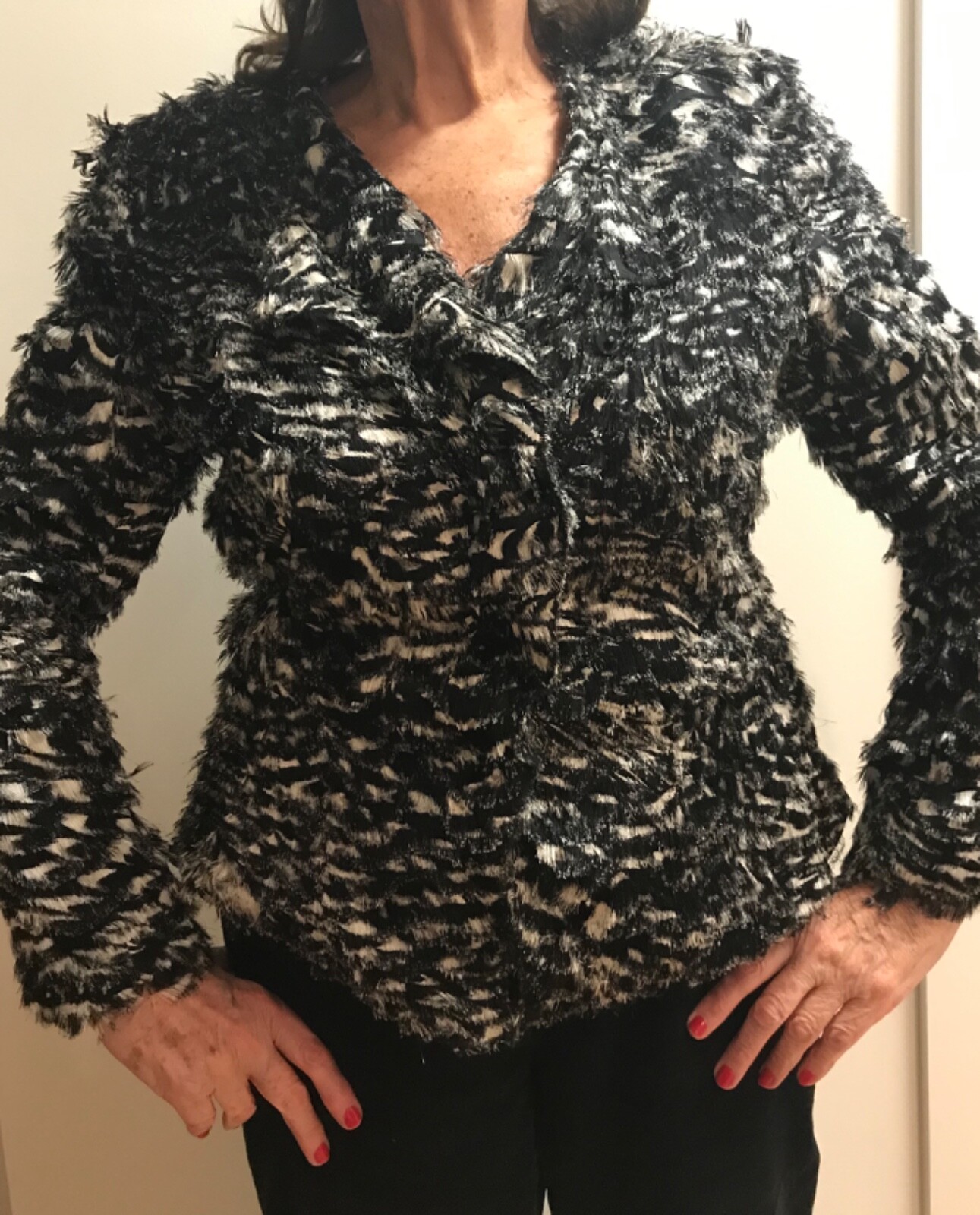 Rena Lange Black/Ivory Silk Fringe Jacket $2000 Size Sz 12