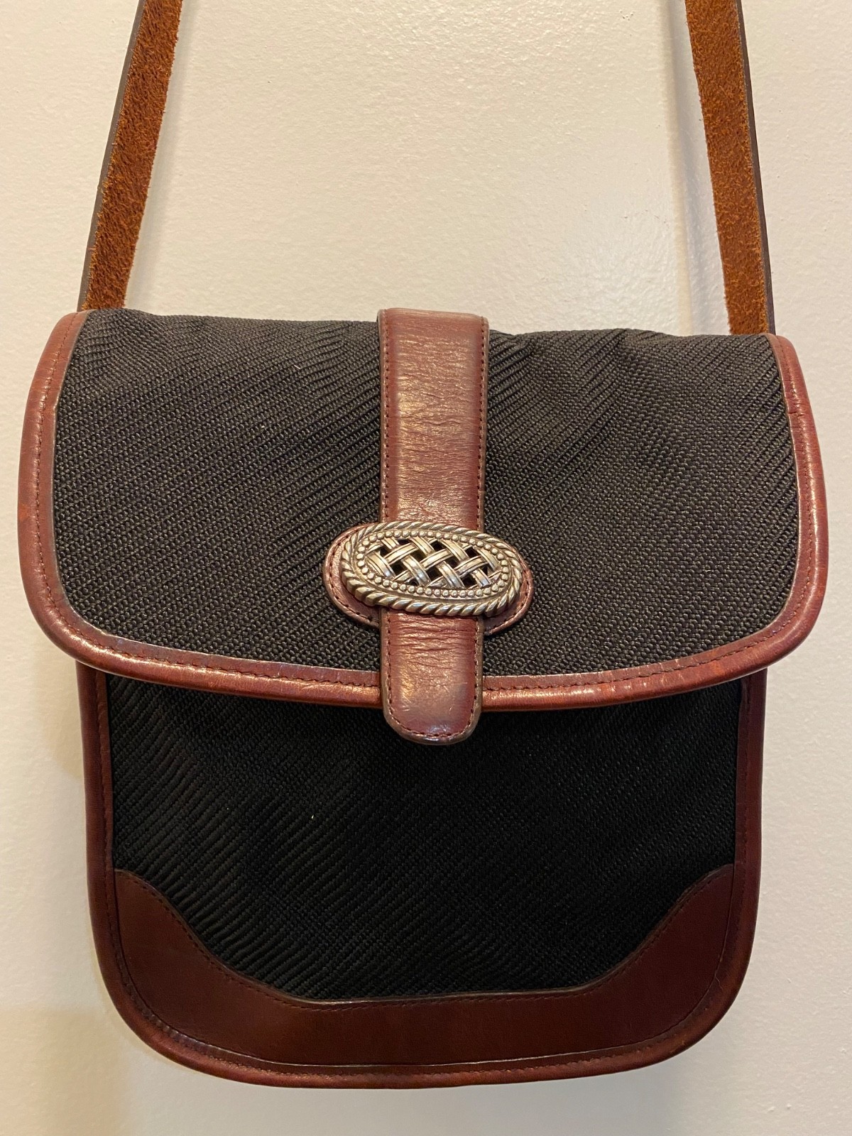 Brighton Vintage Shoulder Bag Brown Black Leather Canvas Messenger Purse