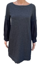 Theory Women's Gray  Wool Sweater Dress w/Semi-Sheer Bishop Sleeves Size Large
