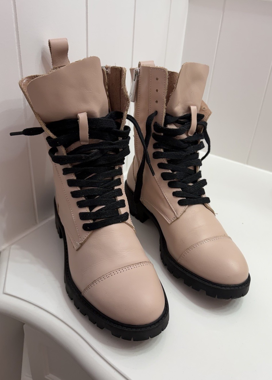 Zara Trafaluc leather pink blush/black Combat Boots EU 37