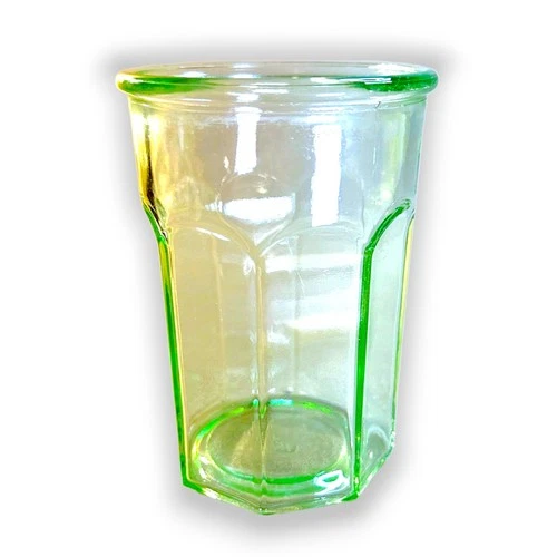 Vtg Anchor Hocking Green Uranium Glass Octagonal Jelly Tumbler Glows UV