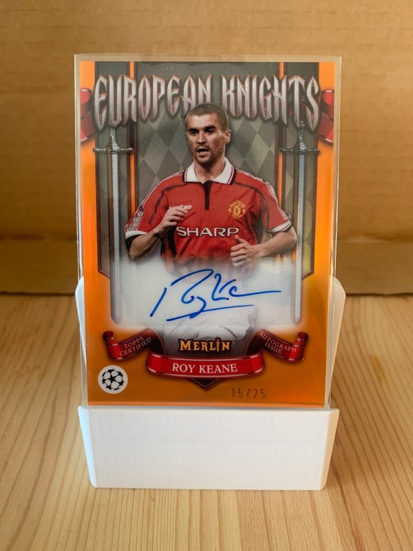24-25 Topps Merlin UEFA Roy Keane European Knights Orange /25 Case Hit Auto