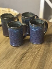 Studio Art Pottery Set Of 4 Mugs Signed Artist Ryan Peter USA Purple Blue Brown