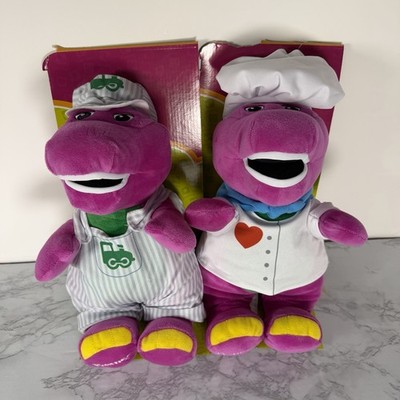 Barney Plush Lot of 2 Chef Train Conductor Purple Dinosaur New on Cardboard