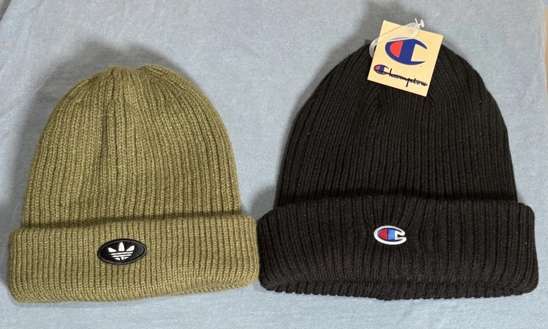 2 Knit Cuffed Beanies Black Champion + Green Adidas BOGO NWT $45