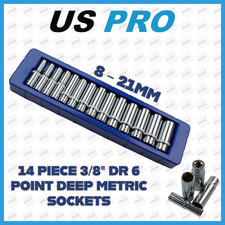 US PRO 14 Piece 3/8" Dr 6 Point Deep Metric Socket Set 8mm - 21mm 1389