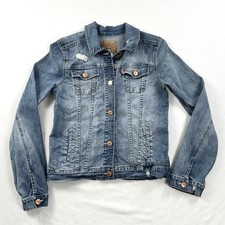 Levi's Denim Trucker Jacket Youth XL Blue Medium Wash Button Up Distressed