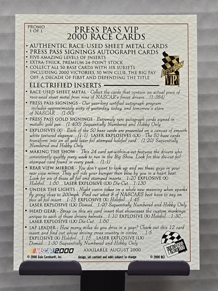 2000 DALE EARNHARDT JR Press Pass VIP PROMO CARD 1 of 1! MINT COND! VERY RARE!!! - Image 2 of 2