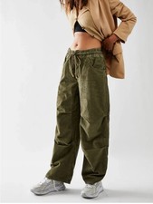 Free People Green Corduroy Drawstring Wide Leg Y2K Cargo Pants Size XL A011746
