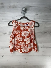 Old Navy Blouse Womens Large Red Floral High Neck Linen Blend Button Back