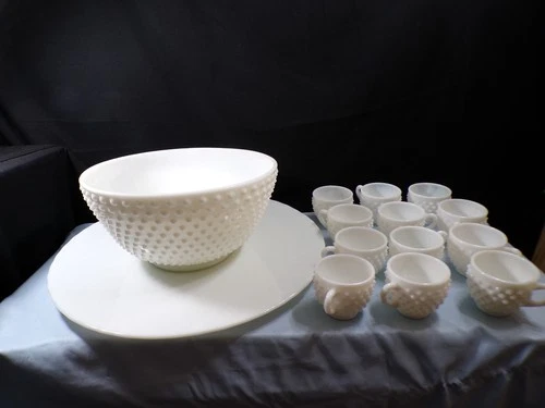 Vintage Fenton Milk Glass Hobnail Punch Bowl Set Bowl Underplate & 12 Cups