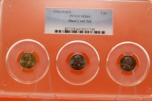 1943 PDS Steel Cent Set PCGS MS 64 Graded Coins