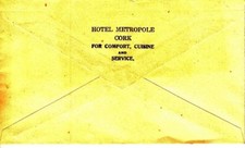 Hotel Metropole Cork Ireland Old Envelope "For Comfort, Cuisine and Service"