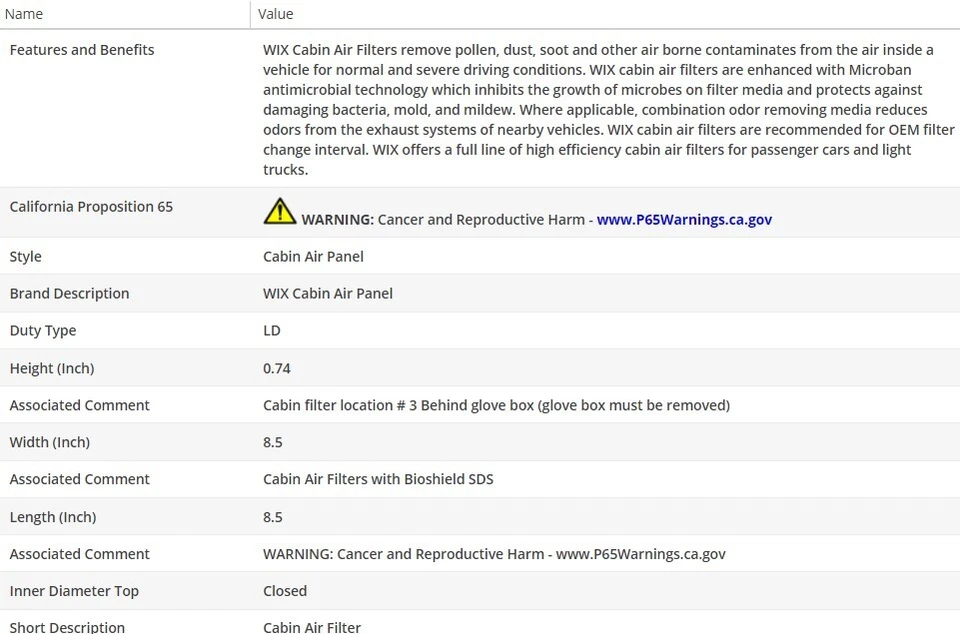 Filtro de aire de cabina WIX para TOYOTA SIENNA 2007-2010 V6-3,5 L Foto 3 de 4