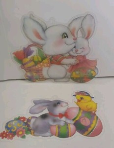 Vintage Easter Window Art Double Sided Plastic Bunny Chick Eggs Flowers Set 2