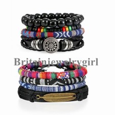 8PCS Multi-layer Tribal Leather Braided Beads Wrap Bracelet sets For Men Women