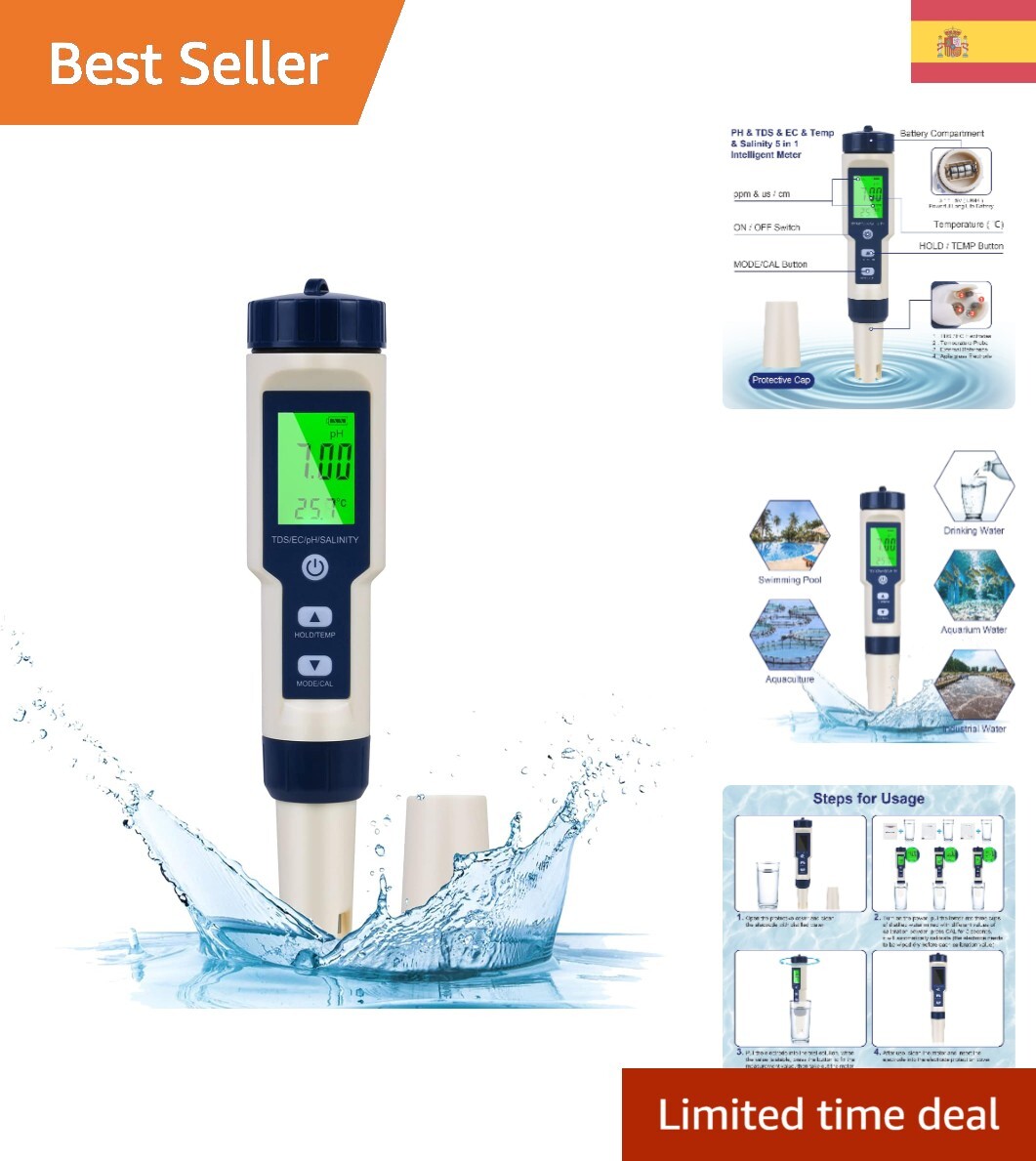 Calidad del Agua en Minutos: Flintronic Medidor 5 en 1, Ideal para Acuarios