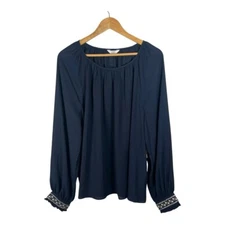 Crown & Ivy Navy Blue Beaded Metallic Cuff Long Sleeve Top Women Size XL NWT