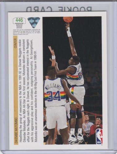 Tarjeta de novato Dikembe Mutombo 1991 cubierta superior NBA TOP PROSPECTS baloncesto ¡RC HOF! - Imagen 2 de 2