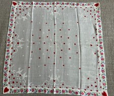 Vtg Red Hearts  Doves on White Handkerchief Floral Rose Border Love Hankie EUC