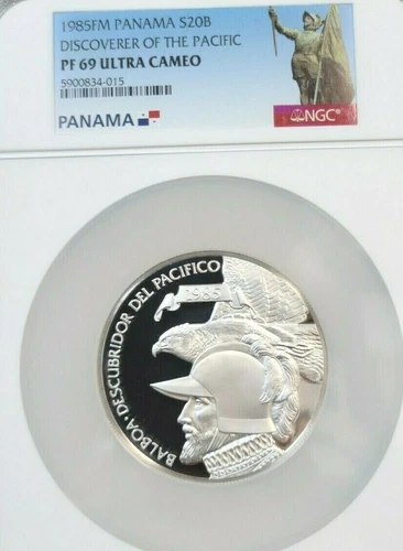 1985 PANAMA SILVER 20 BALBOAS DISCOVERER OF THE PACIFIC NGC PF 69 ULTRA CAMEO