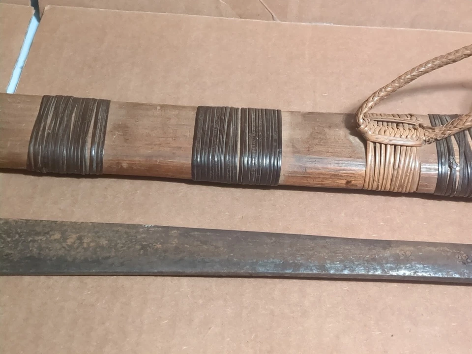 Antique Indonesian Dayak Mandau Short Sword Knife Horn/Bone Handle W/ Scabbard - Image 3 of 4