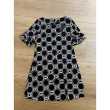 RONNI NICOLEBlack White Circle Print Dress Ruffle Short Sleeve Career Casual