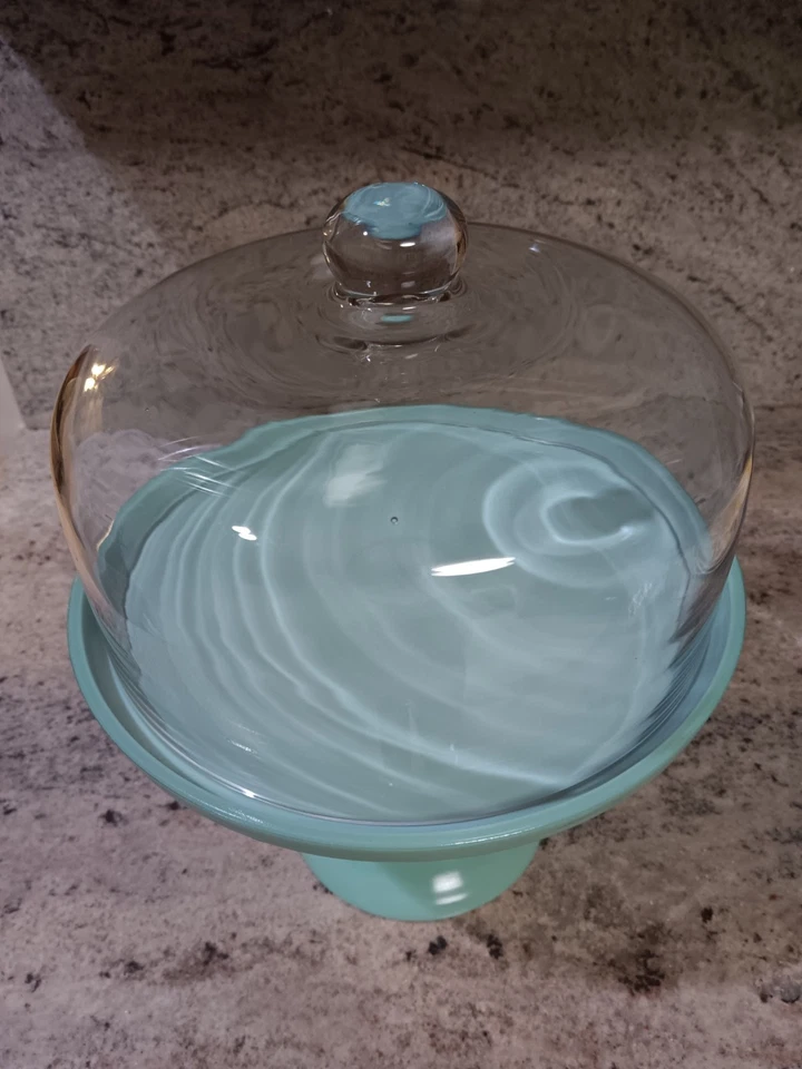 复古翡翠绿色玻璃蛋糕架带玻璃圆顶苔藓? 阅读说明 — 第 2/4 张图片