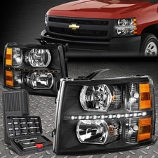 FOR 07-14 CHEVY SILVERADO LED DRL BLACK HOUSING AMBER CORNER HEADLIGHTS+TOOL SET