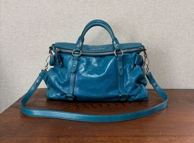 miu miu Vitello Lux Side Ribbon Archive 2Way Handbag Shoulder Bag Turquoise Used - Photo 1/4