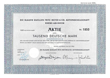 Die Blauen Quellen Fritz Meyer & Co. AG, akcje Rhens a. Rhein 1000 DM 1952