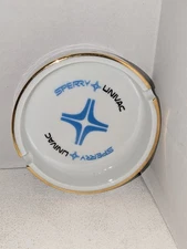 Vintage Univac Sperry Ashtray - White Glass Gold Trim Advertising Logo