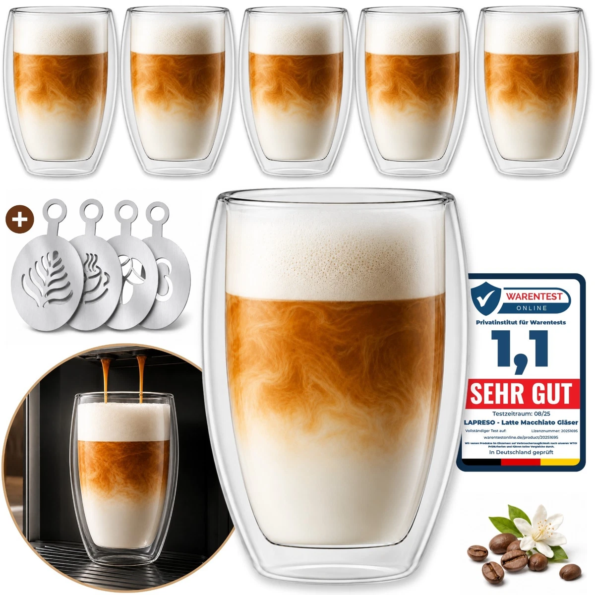 LAPRESO® Latte Macchiato Gläser 6x 450 ml doppelwandige Kaffee Thermogläser