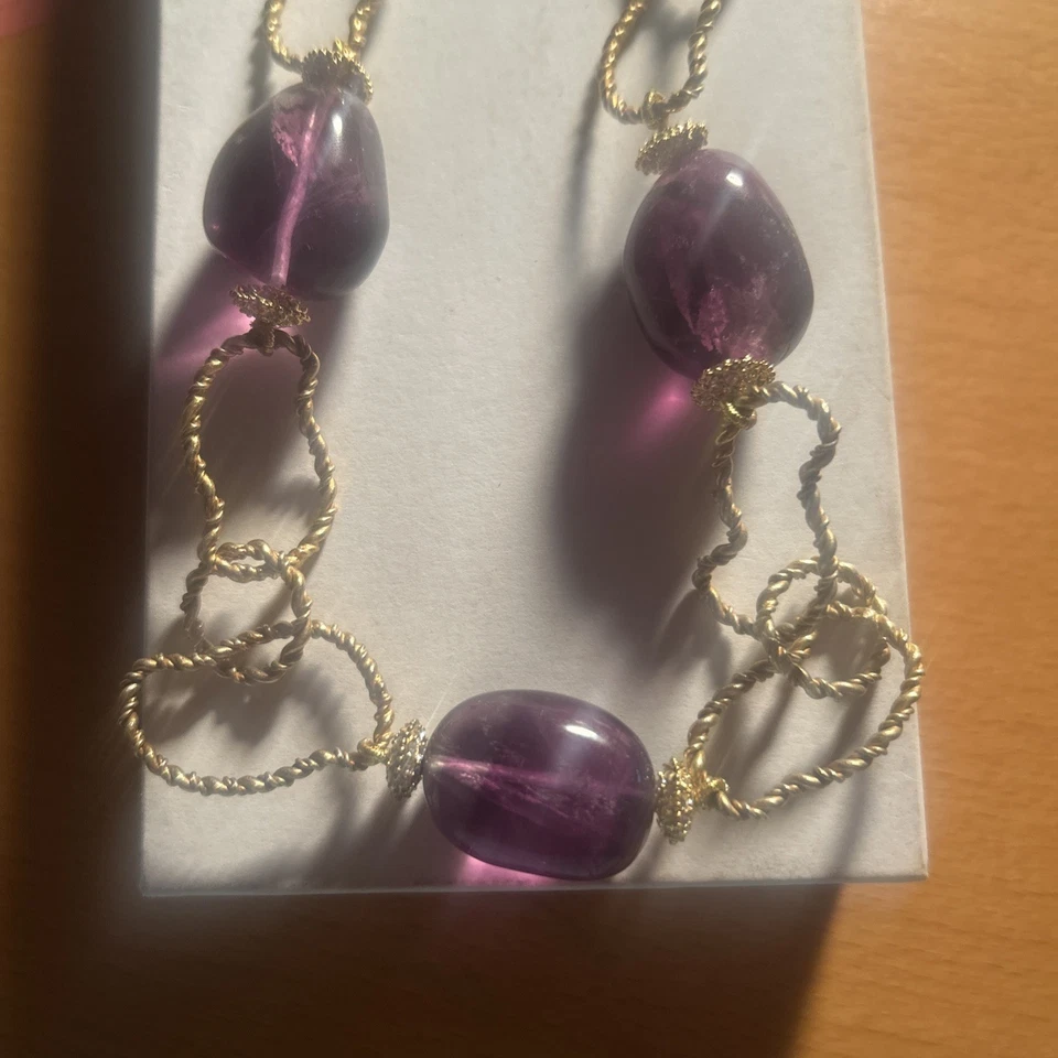 Модное золотистое ожерелье из 18-дюймовых звеньев с 3 большими стеклянными аметистами и стразами - Изображение 2 из 4