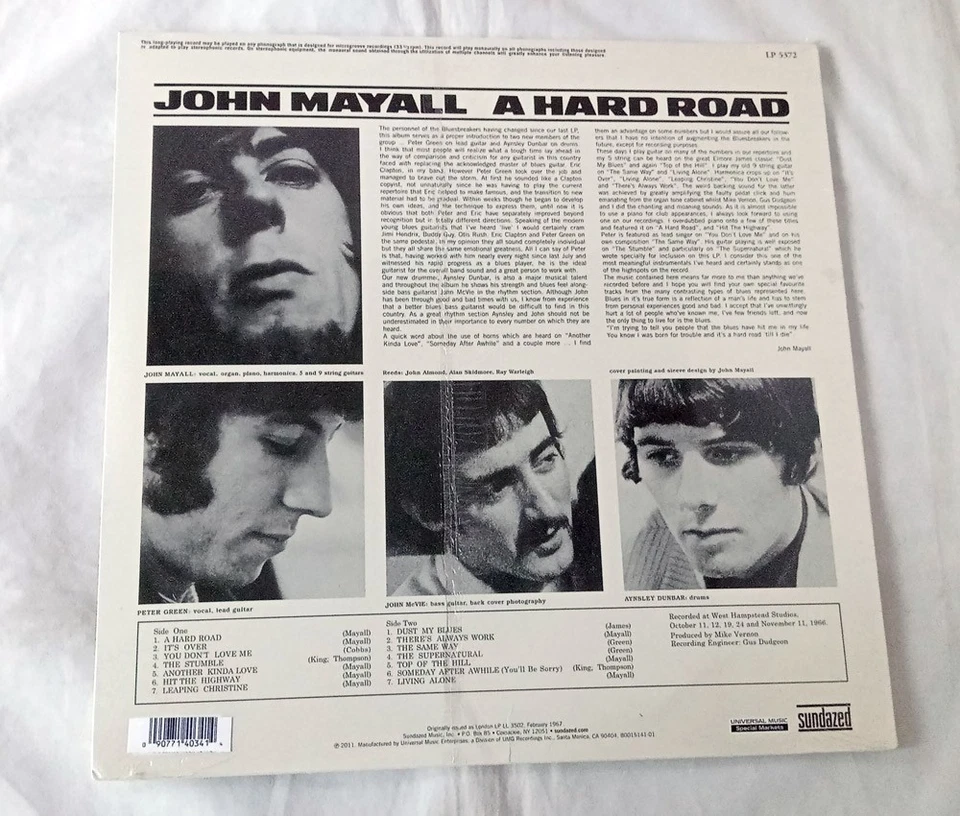 JOHN MAYALL BLUESBREAKERS A HARD ROAD MONO SUNDAZED RECORDS RARE LP (White Vin) - Image 4 of 4