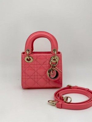 Dior Lady Dior Micro Patent Calfskin Top Handle Chain Crossbody Pink Authentic
