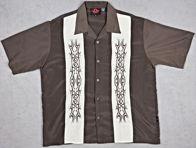 D Clothing Vintage Y2K Goth Tribal AOP Loop Collar Button Up Size XL Brown White