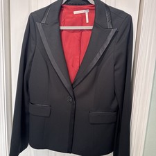 Classiques Entier solid Black Satin Ribbon Trim Blazer Size 12 One Button Front