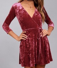 Lulus Dress Womens M Shine Of Your Life Wine Red Crushed Velvet Wrap 3/4 Sleeve