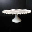 VTG FENTON WHITE MILK GLASS HOBNAIL CAKE STAND WITH RUFFLED RIBBON EDGE