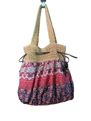 Woven Jute Purse Bag Cotton Fabric Boho Market Tote Drawstring Rainbow - Picture 5 of 10
